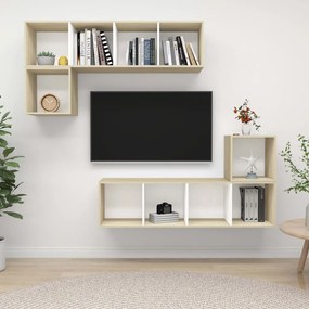 4 pcs conjunto móveis de TV contraplacado branco e carv. sonoma