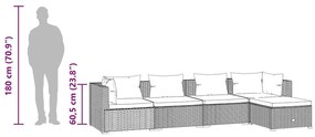 5 pcs conjunto lounge de jardim c/ almofadões vime PE preto