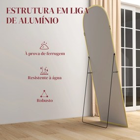 Espelho de Pé Espelho de Corpo Inteiro 60x165 cm com Estrutura de Liga de Alumínio e Suporte para Sala Quarto Dourado