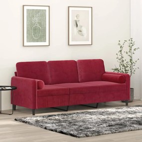 vidaXL Sofá 3 lug. c/ almofadas/almofadões 180cm veludo vermelho tinto