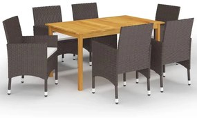 vidaXL 7 pcs conjunto de jantar para jardim com almofadões castanho