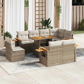 9 pcs conjunto sofás jardim com almofadões vime PE/acácia bege