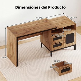 Secretária de escritório com ampla superfície de trabalho 181 x 60 x 76 cm, compartimentos abertos, gavetas e armário com 1 porta, cor natural