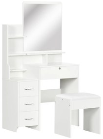 HOMCOM Toucador de Maquilhagem com Banco e Espelho Mesa de Maquilhagem com 4 Gavetas 4 Compartimentos de Armazenamento Estilo Moderno 80x38x143cm Branco