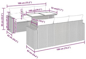 7 pcs conjunto de sofás jardim c/ almofadões vime PE castanho