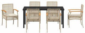 Conjunto de Jantar de Jardim de 7 Peças com Almofadas Bege em Rattan S