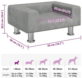 Cama para cães 50x40x26,5 cm veludo cinzento-claro