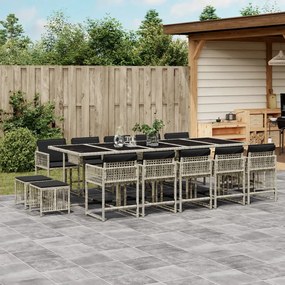 vidaXL 15 pcs conj. jantar jardim c/ almofadões vime PE cinzento-claro