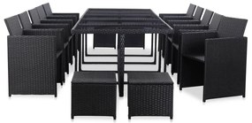 15 pcs conjunto jantar exterior com almofadões vime PE preto