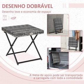 Mesa de Jardim em Vime Sintético Mesa Dobrável com Pés Cruzados e Estrutura de Aço para Pátio Varanda 40x40x40 cm Cinza