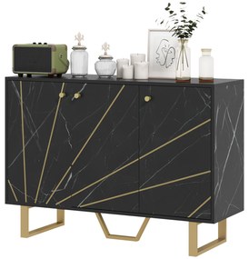 Aparador de Sala de Estar com 2 Armários e Prateleira Interior Ajustável com Efeito Mármore 107x35x75 cm Preto e Dourado