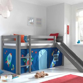 Conjunto Cama alta de Criança PINO 90 x 200 cm + estrado + escada + escorrega + cortina Astronauta Cinzenta