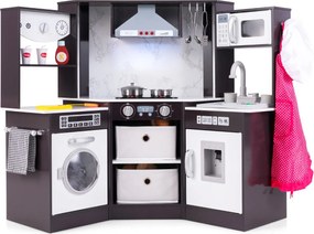 Cozinha de madeira para crianças 102 x 51 x 85 cm com luz, som, dispensador de água, máquina de lavar e acessórios, cozinha de brinquedo castanha