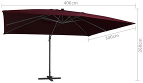 Guarda-sol de jardim cantilever c/ luzes LED 400x300 cm bordô