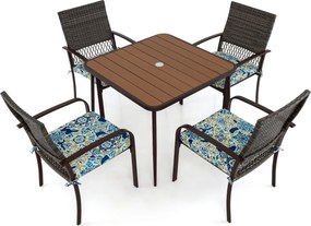 Conjunto de jantar de jardim 4 cadeiras de rattan com almofadas e mesa quadrada com orifício para guarda-sol Castanho misto
