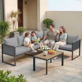 Conjunto de jardim modular de canto para 6 pessoas, sofás, mesa de centro e almofadas, cinzento escuro