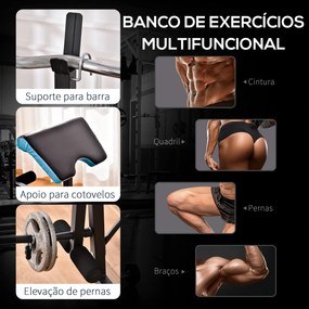 Banco de Musculação Multifuncional (PESOS E BARRA NÃO INCLUIDA) com Suporte para Barras e Encosto Ajustável 155x56,5x120 cm Preto e Azul