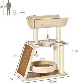 PawHut Árvore Arranhadora para Gatos 60x30x76cm com Cama de Linho Post