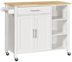 HOMCOM Ilha de Cozinha Carrinho de Cozinha com Rodas 1 Gaveta 2 Portas 3 Prateleiras Abertas e Barra lateral 107,5x48x89cm Branco | Aosom Portugal