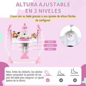 Centro de atividades para bebés com saltador, 6 brinquedos, luzes, música, 3 alturas ajustáveis, mesa giratória 360° para 6+ meses, rosa