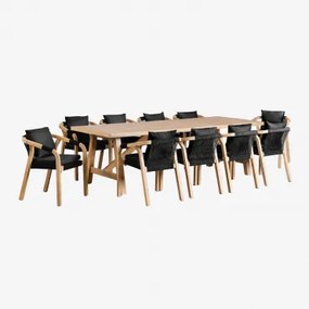 Conjunto De Mesa Retangular (260x100 Cm) E 10 Cadeiras De Jardim Em Madeira De Acácia Dubai Castanho Acácia Rústico & Tecido Cinza Grafito - Sklum