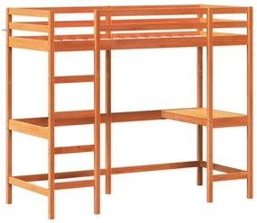 Cama alta com secretária 75x190 cm pinho maciço castanho-mel