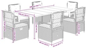 7 pcs conjunto de jantar p/ jardim c/ almofadões vime PE preto
