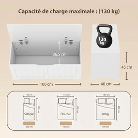 Baú de arrumação de 136 L, 100 x 40 x 45 cm banco com baú com 2 dobradiças de segurança e design sem puxadores, branco
