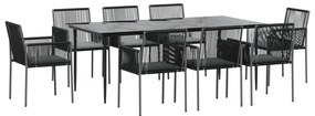 9 pcs conjunto jantar p/ jardim c/ almofadões vime PE/aço preto