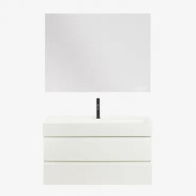 Conjunto De Móvel De Casa De Banho Suspenso Em Madeira E Folha De Freixo Com Lavatório Integrado Ona Branco & Retangular Led - Sklum