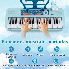 Piano eletrónico para crianças de 37 teclas com banco ajustável microfone removível suporte de música brinquedo eletrionico Azul