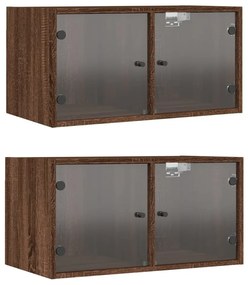 Armários de parede c/ portas vidro 2 pcs 68,5x37x35 cm castanho