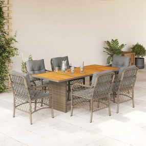 vidaXL 7 pcs conj. jantar jardim c/ almofadões vime PE bege misturado