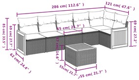 7 pcs conjunto sofás p/ jardim c/ almofadões vime PE cinzento