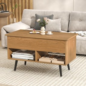 Mesa de centro elevável em madeira 80 x 40 x 44,5 cm com compartimento oculto e 2 prateleiras abertas para sala de estar, sala de recepção ou escritór