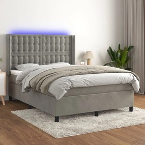 vidaXL Cama box spring c/ colchão/LED 140x200 cm veludo cinzento-claro
