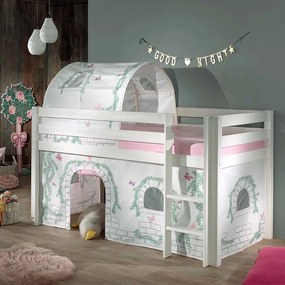 Conjunto Cama alta de Criança PINO 90 x 200 cm + estrado + escada + cortina + túnel Passaros Branca