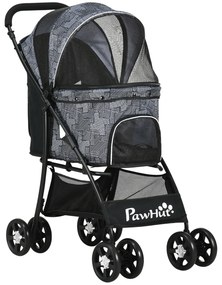 PawHut Carrinho para Cães Dobrável para Cães Pequenos com Cesta de Armazenamento Capota Ajustável Janela de Malha 81x48x99 cm Cinza