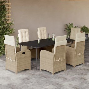 7 pcs conjunto de jantar p/ jardim com almofadões vime PE bege