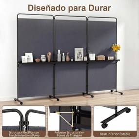 Biombo Divisório Dobrável de 3 Painéis, 259 x 44 x 188 cm, 8 Rodas Bloqueáveis, Cinzento
