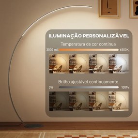 Candeeiro de Pé em Forma de Arco com Brilho e Temperaturas de Cor Ajustáveis 3000K-6500K 120x27x172 cm Prata
