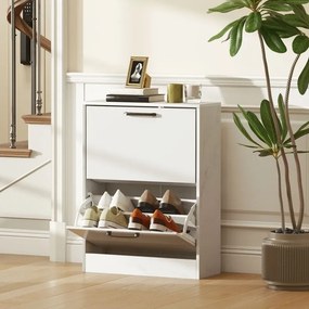 Sapateira Estreita 2 Portas de Alto Brilho 60x24x80 cm com Prateleiras Ajustáveis Design Mármore para 8 Pares de Sapatos  Branco