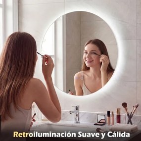 Espelho redondo LED de 60 cm com luz; espelho de casa de banho para montagem na parede com intensidade de luz ajustável e controlo tátil