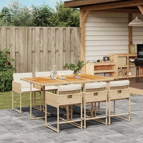 7 pcs conjunto de jantar p/ jardim com almofadões vime PE bege