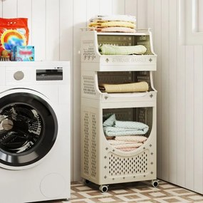 Carrinho para roupa suja 40 x 30 x 100 cm com 4 níveis com Cesto dobrável com 2 cestos 6 ganchos para pendurar com rodas bege