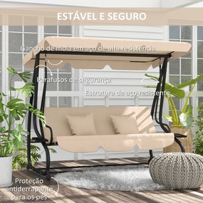 Baloiço de Jardim com 3 Lugares 2 em 1 com Toldo Ajustável Bandejas Laterais e Almofadas p 200x120x164 cm Bege