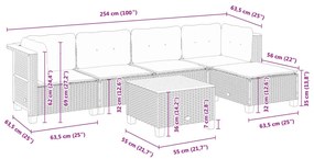 6 pcs conjunto sofás de jardim c/ almofadões vime PE preto