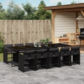 11 pcs conjunto de jantar p/ jardim c/ almofadões vime PE preto