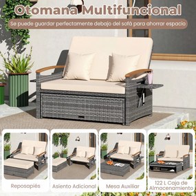 Conjunto de Sofá-Cama de Jardim, Otomana de Arrumação e 2 Mesas Laterais, 164 x 72-111 x 54,5-88 cm, Encosto Regulável em 4 Níveis, Cinzento e Bege