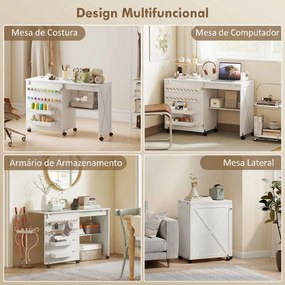Mesa para Máquina de Costura Dobrável com Porta Magnética, 2 Compartimentos, Prateleira, 18 Suportes para Linhas, 5 Rodas, Branco
